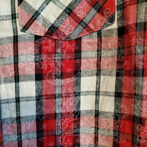Shyanne Red Flannel Plaid Button Up with Crochet Lace Trim - Picture 7 of 14
